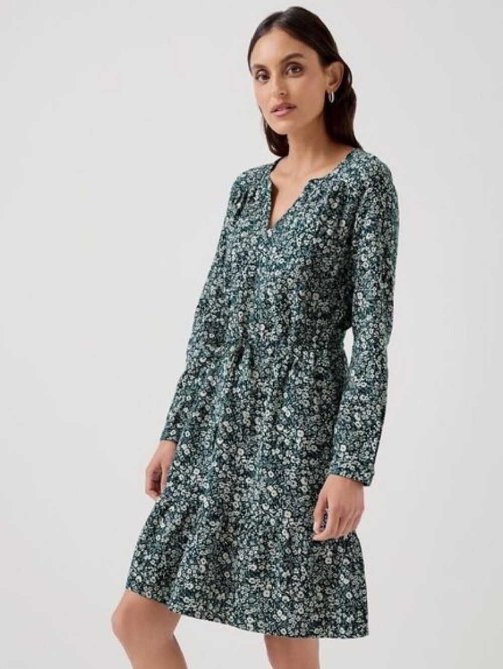 Pact organic cotton teal blue and ivory floral print long sleeve dress